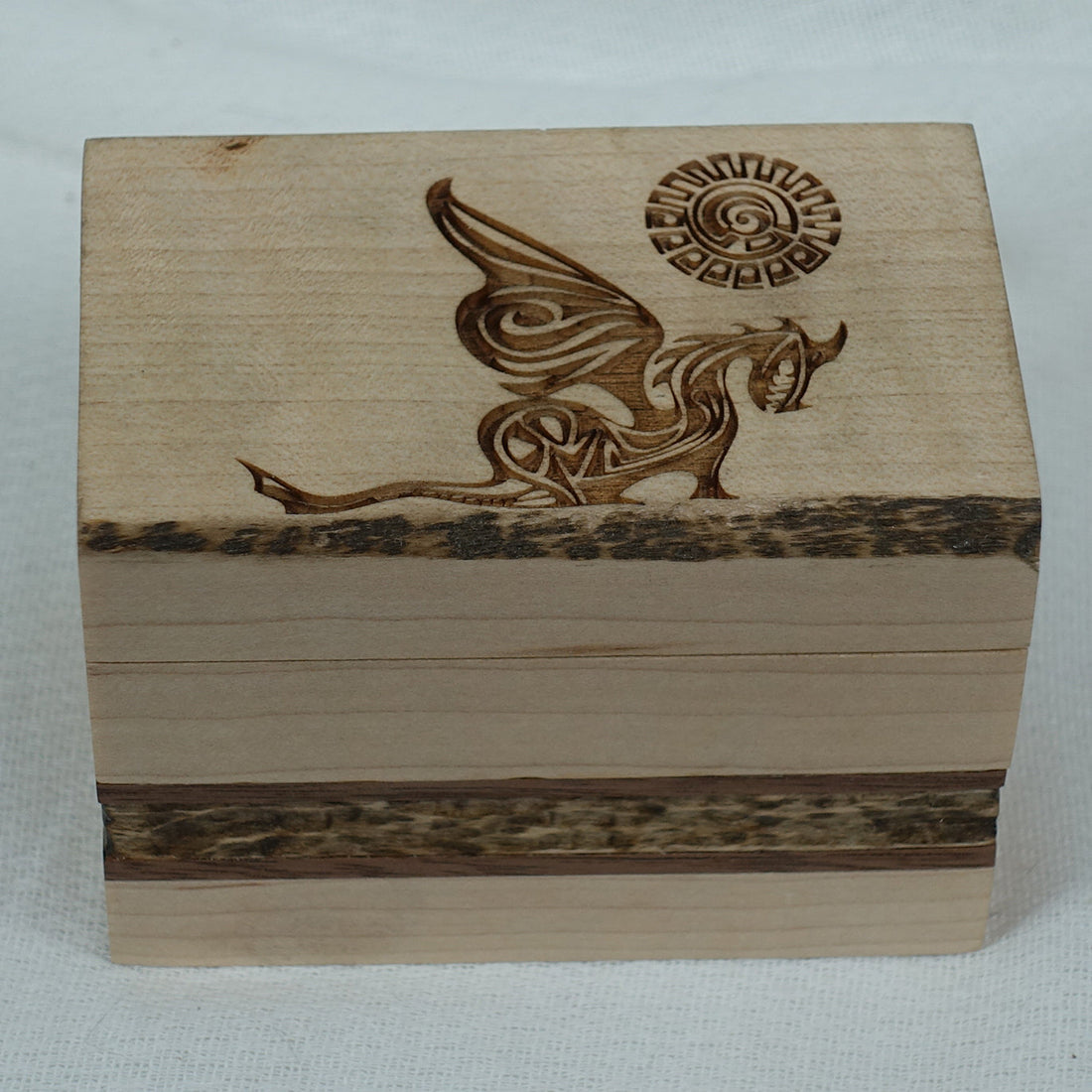 Modern Geometric hand drawn "Fridolf" dragon doodle, laser engraved on live edge bass wood