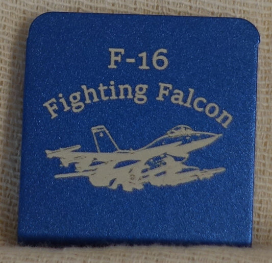 A square blue aluminium hat clip with rounded corners, featuring the text 'F-16 Fighting Falcon' and a white line drawing of an F-16 fighter jet.